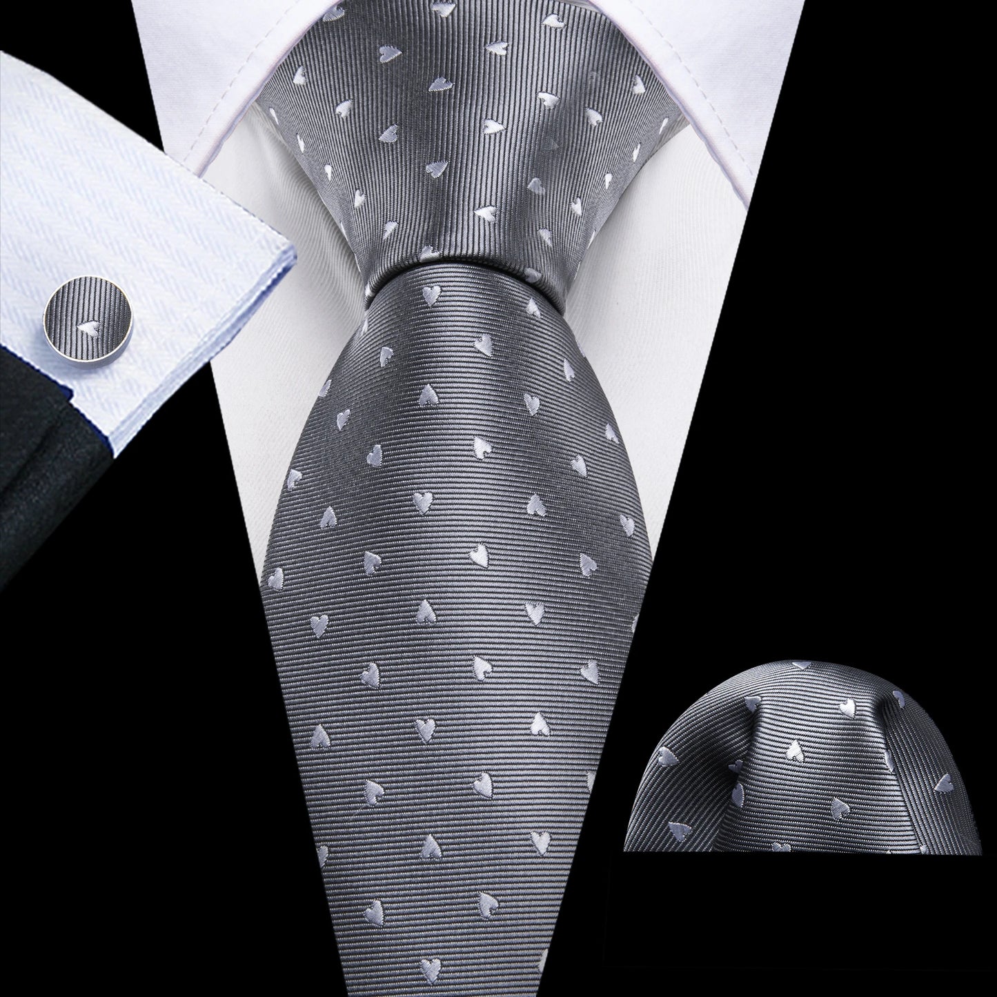 Barry.Wang Black White Gray Silver Silk Men Tie Handkerchief Cufflinks Set Jacquard Necktie for Male Wedding Business Party Gift