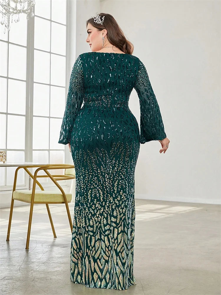 Plus Size Elegant Sequin Black Evening Dress 2025 Women Formal Maxi Prom Long Sleeves Party Luxury Cocktail Bridesmaid Gowns
