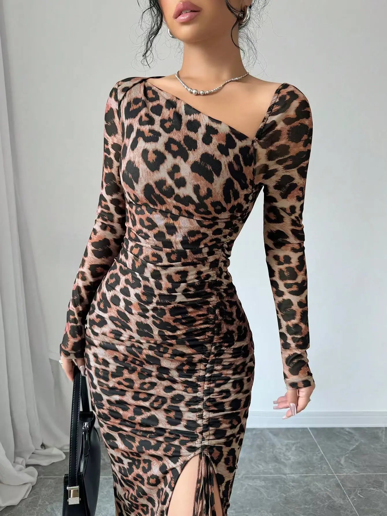 Sexy Leopard Print Women's Dresses Fashion Ruffled Sexy Slit Party Dress For Women Spring Summer Bodycon Package hip Vestidos