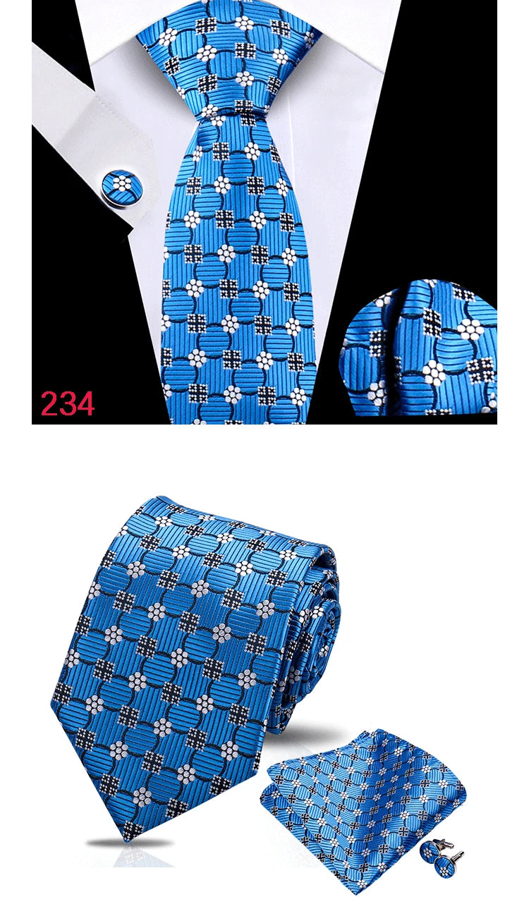 Luxury Plaid Tie For Mens Necktie Handkerchief Pocket Square Cufflinks Set Jacquard Woven Ties Wedding Business Accessories