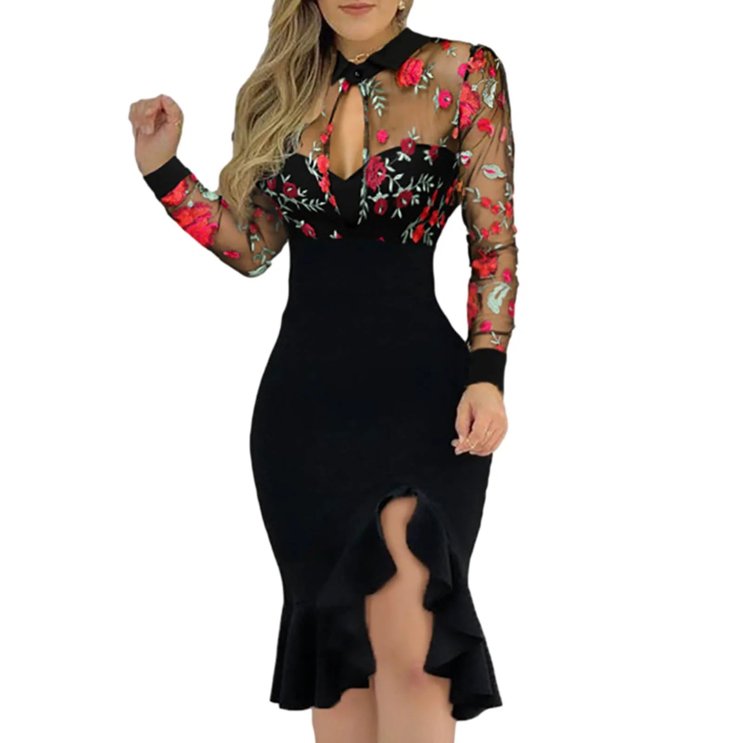 Spring Summer Sexy Mesh Ruffle Dress 2024 Wome Long Sleeve Irregularity Midi Dress Fashion Print Elegant Party Dresses