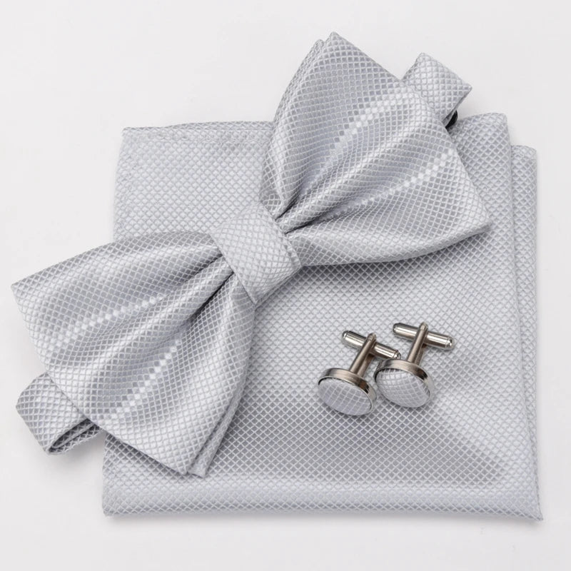 Multicolor Bowtie Pocket Square Cufflinks Sets Classic Solid Color Bowtie Wedding Party Formal Gift Plaids Adjust Neck Bow Tie