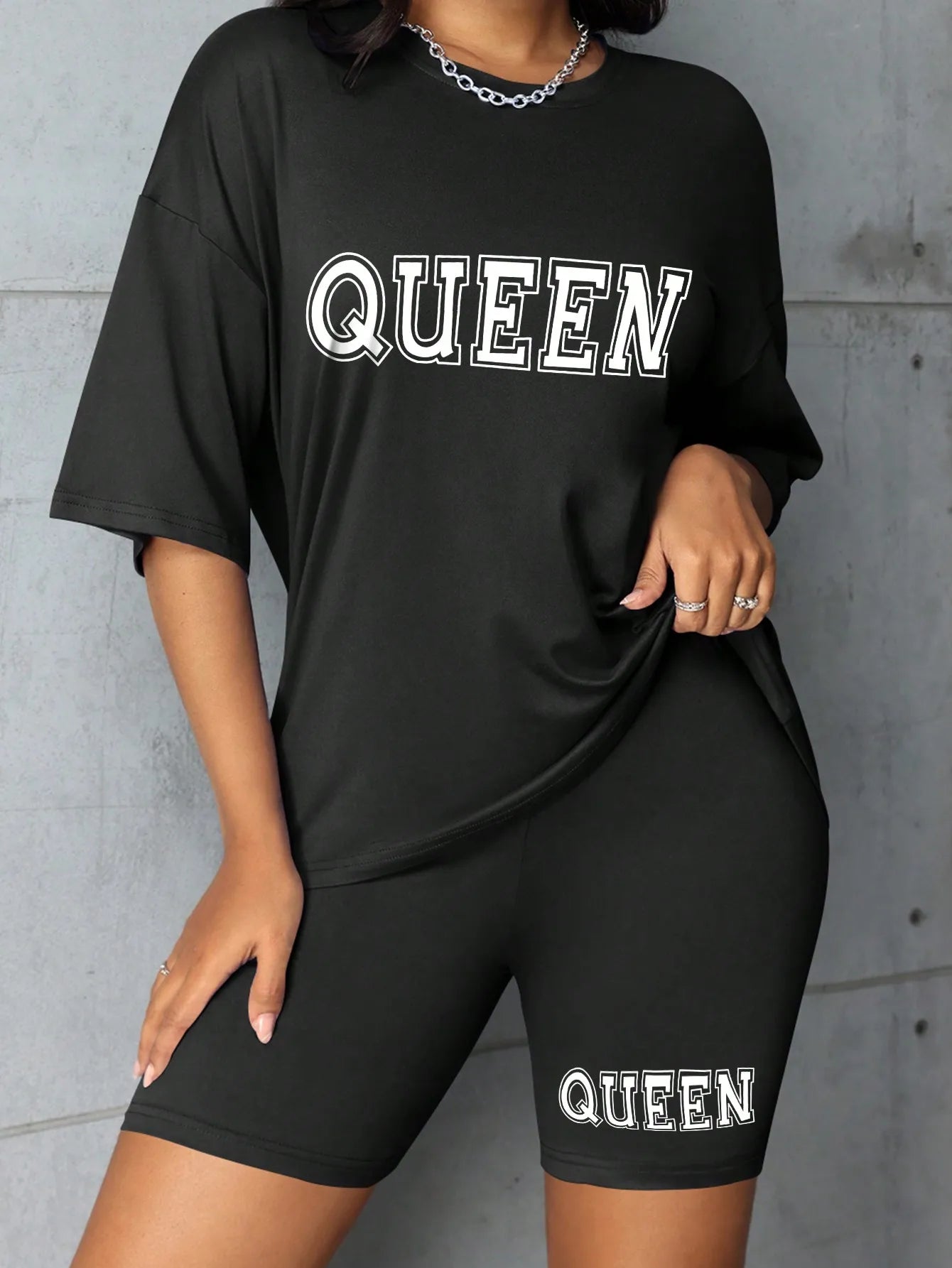 Plus size fashionable all-match shorts short-sleeved suit queen letter print simple and comfortable two-piece suit 2024 New