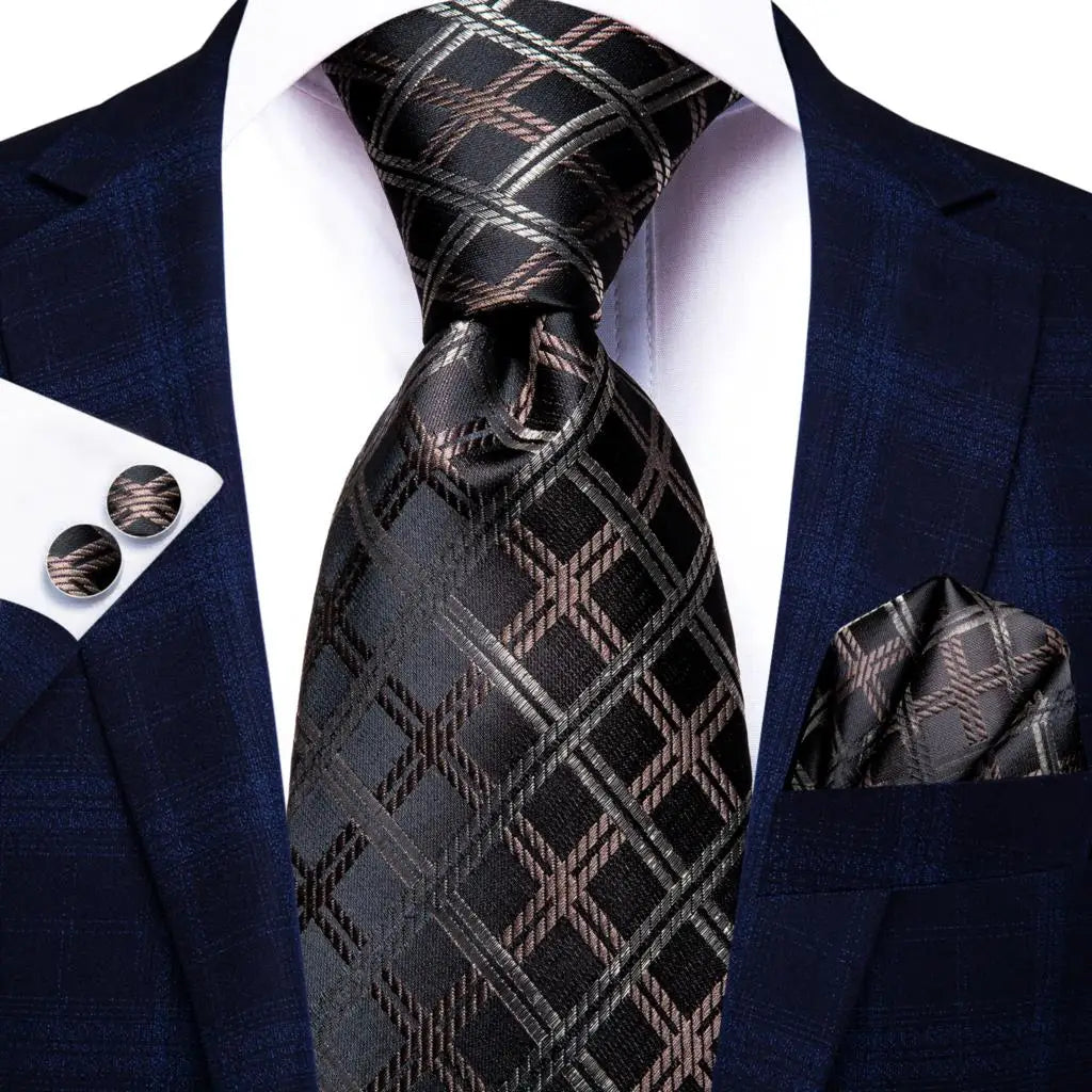 Hi-Tie Paisley Brown Tie For Men Elegant Mens Necktie Pocket Square Cufflink Groom Wedding Accessory Wholesale New Designer