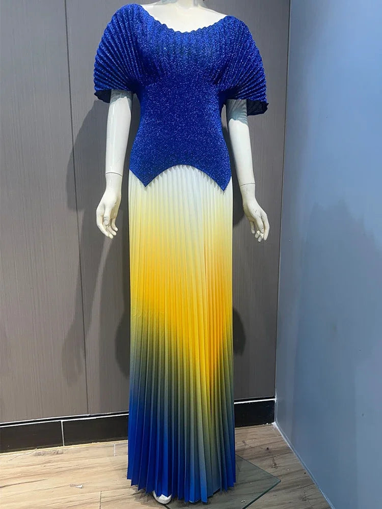 ANLAN Pleated 2 Pieces Set Women Fashion V Neck Short Batwing Sleeves Irregular Hem T-shirt&New Gradient A-line Folds Long Skirt