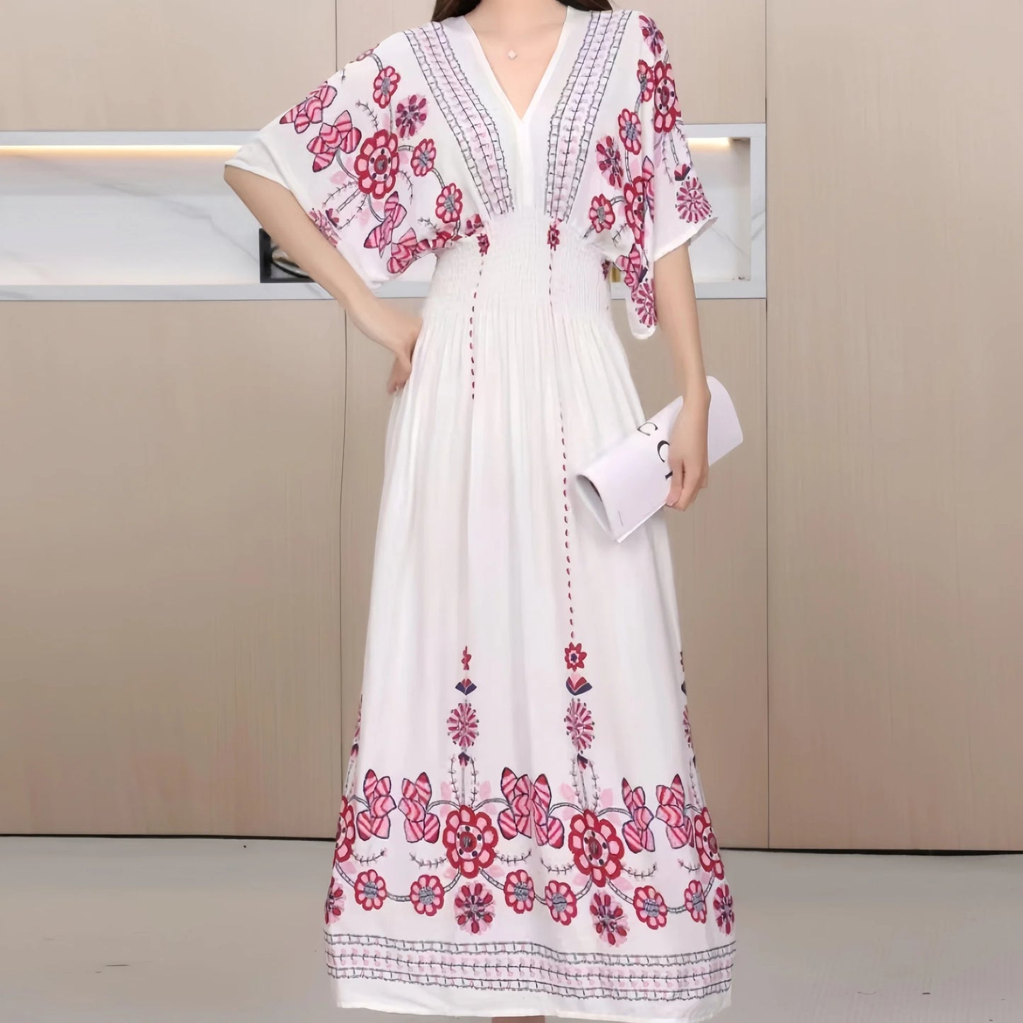 Spring New In Women's Dress V-Neck Short Sleeve Dress Elegant Sweet Print Dress Casual Retro Boho Elastic Waist A-Line Dress