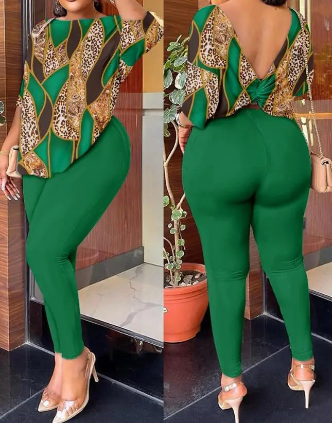 New Fashion 2023 Summer Casual Womens Two Piece Sets Outfit Tie Dye Print Twisted Backless Top & Pants Set Sexy Female Suit