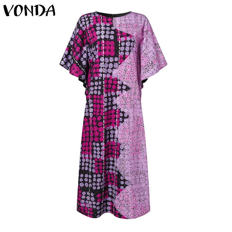 VONDA Women Summer Maxi Dress 2025 Vintage 3/4 Sleeve Printing Sundress Beach Robe Bohemian Bat-wing Sleeve Vestidos Polyester