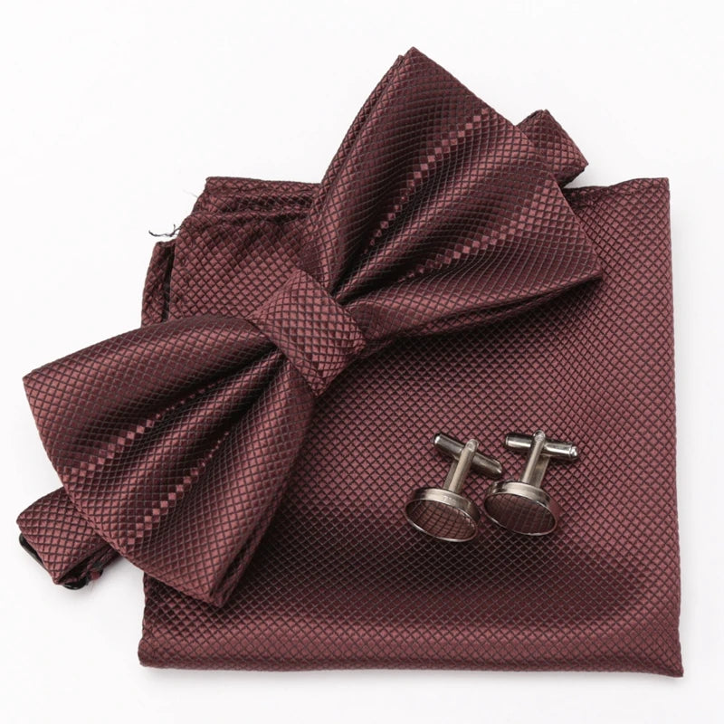 Multicolor Bowtie Pocket Square Cufflinks Sets Classic Solid Color Bowtie Wedding Party Formal Gift Plaids Adjust Neck Bow Tie