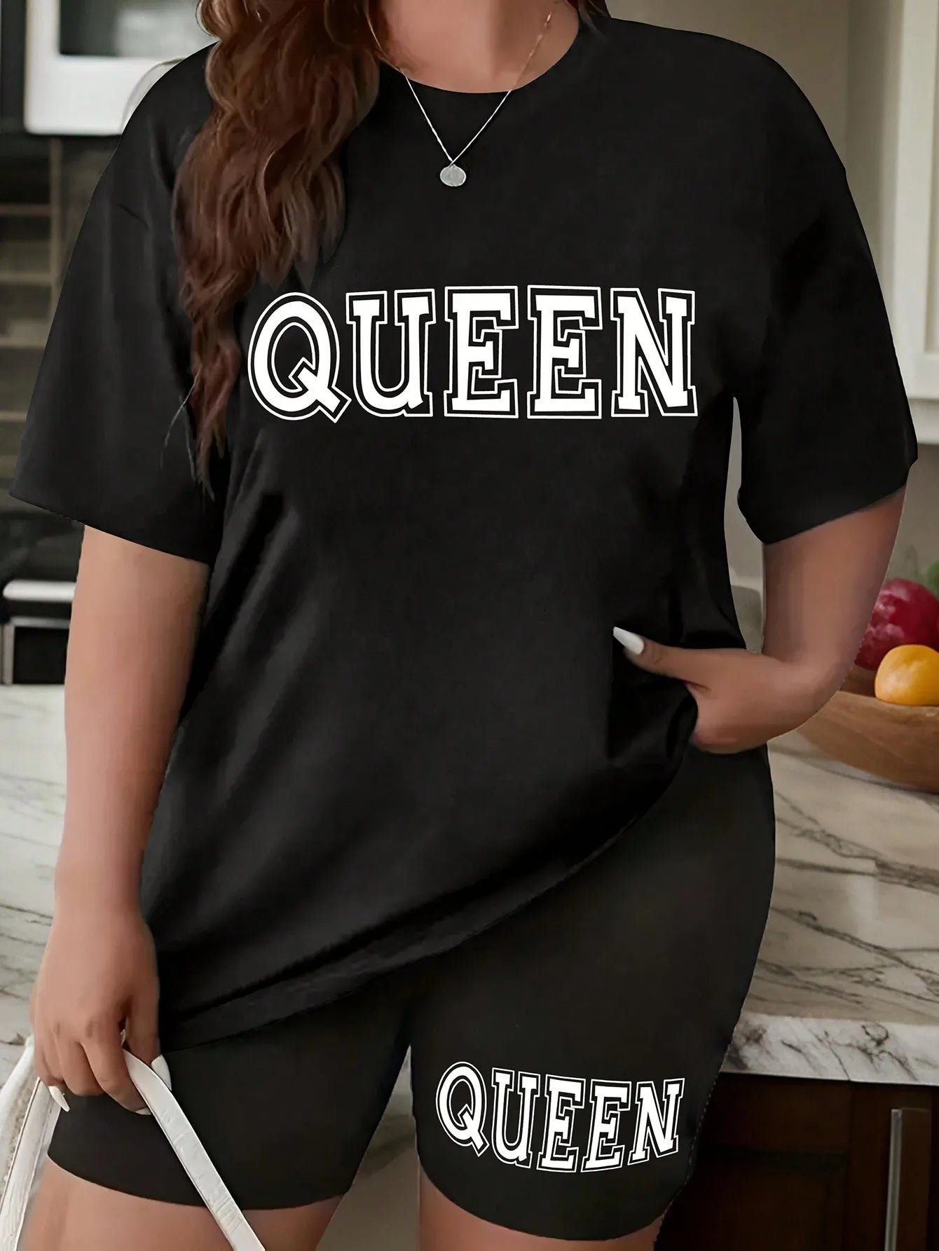 Plus size fashionable all-match shorts short-sleeved suit queen letter print simple and comfortable two-piece suit 2024 New