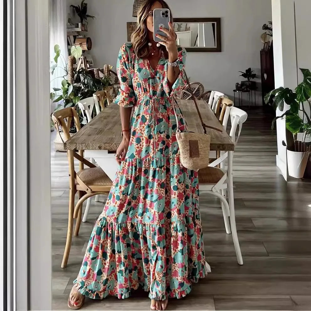 Elegant Women's Flower Long Dresses 2024 Spring New Bohemian Printed Dress Abıye Kadın Abiye Платье Robe Ete Femme Vestidos