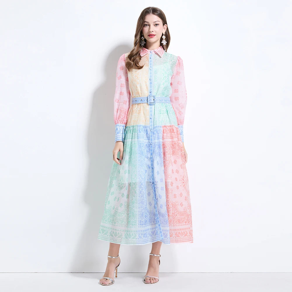 Spring Summer 2025 New Women Fashion Rainbow Print Elegant Shirt Long Dresses Vintage Single Breasted Party Dress Bohemian Trend