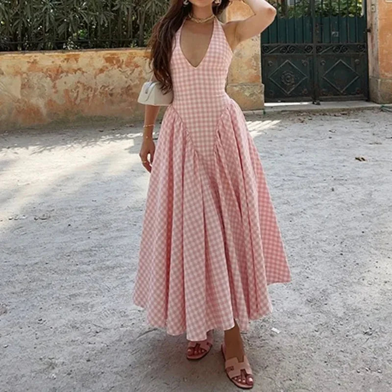 Women's Long Dress Spring Summer 2025 Elegant Hanging Neck V-neck Cinched Waist French Pink Dress Rock Damen Vestido Robe Femme