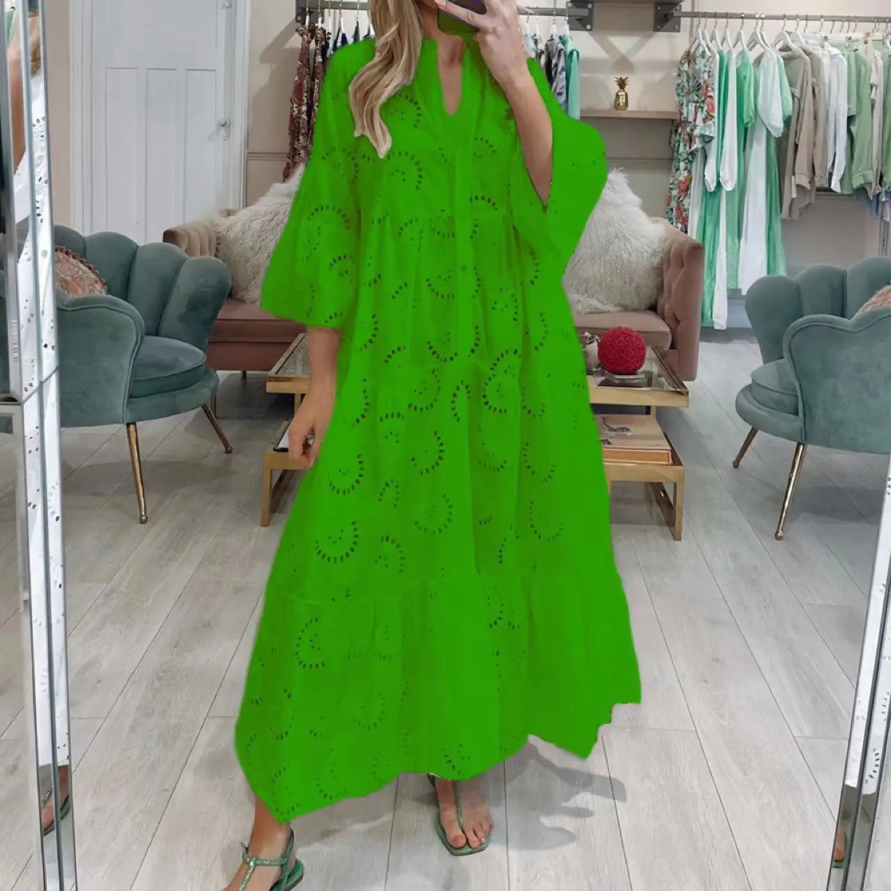 Dresses for Dresses Spring Summer Shirt Dress 2024 White dresses V-Neck Flared Sleeves Lace Hollow Solid Color Sexy Long Dresses