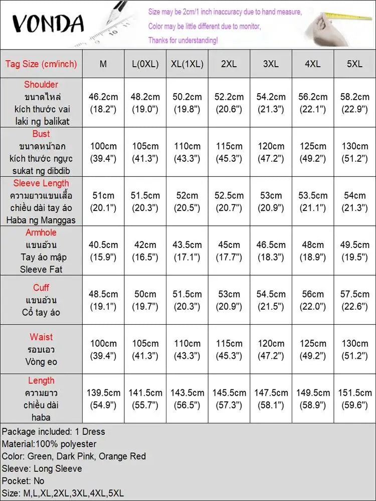 VONDA Women Dresses Bohemian Printed Long Flare Sleeve Vestidos 2024 Causal Sundress Robe Round Neck Loose Robe Oversized