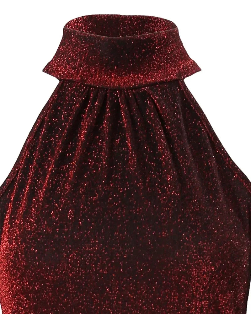 Women Sexy Slim Mini Dress Halter High Neck Sleeveless Glitter Bodycon Dress Evening Party