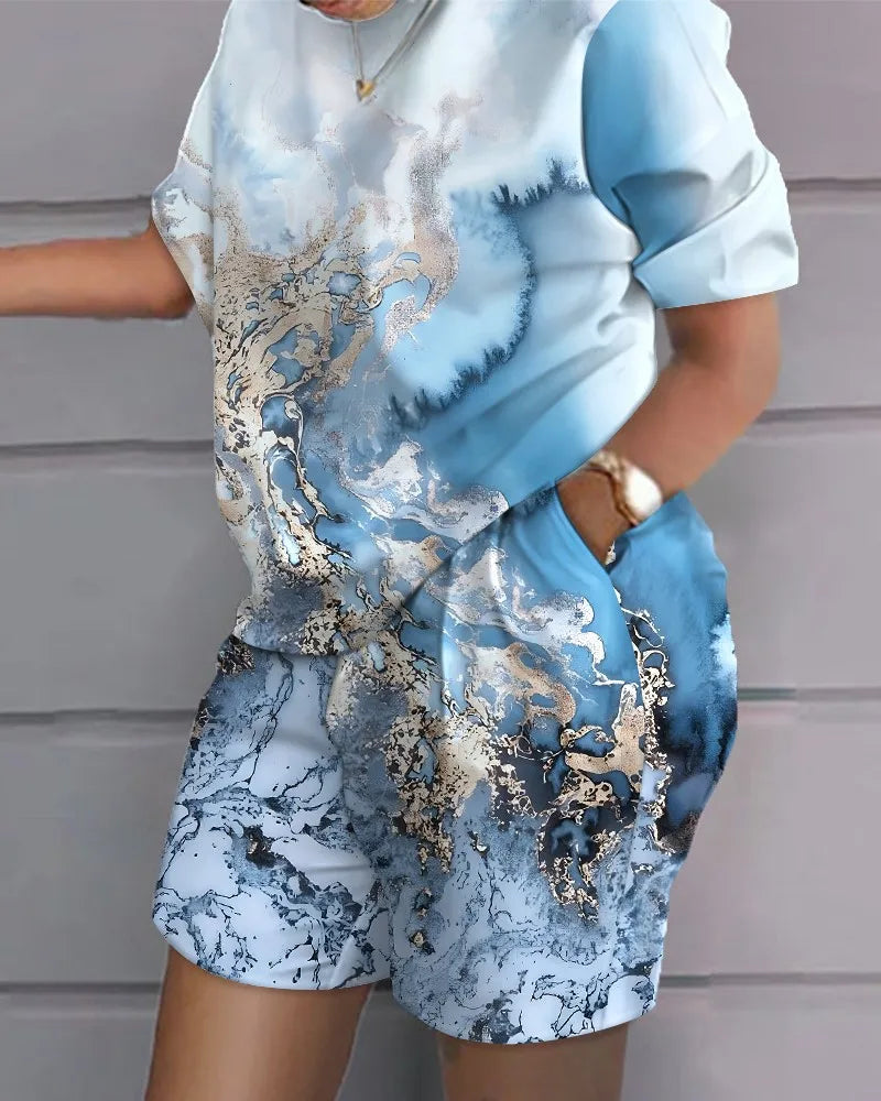 Women's clothing, round neck printed loose short sleeved T-shirt, shorts, casual sportswear, novelty for summer 2024