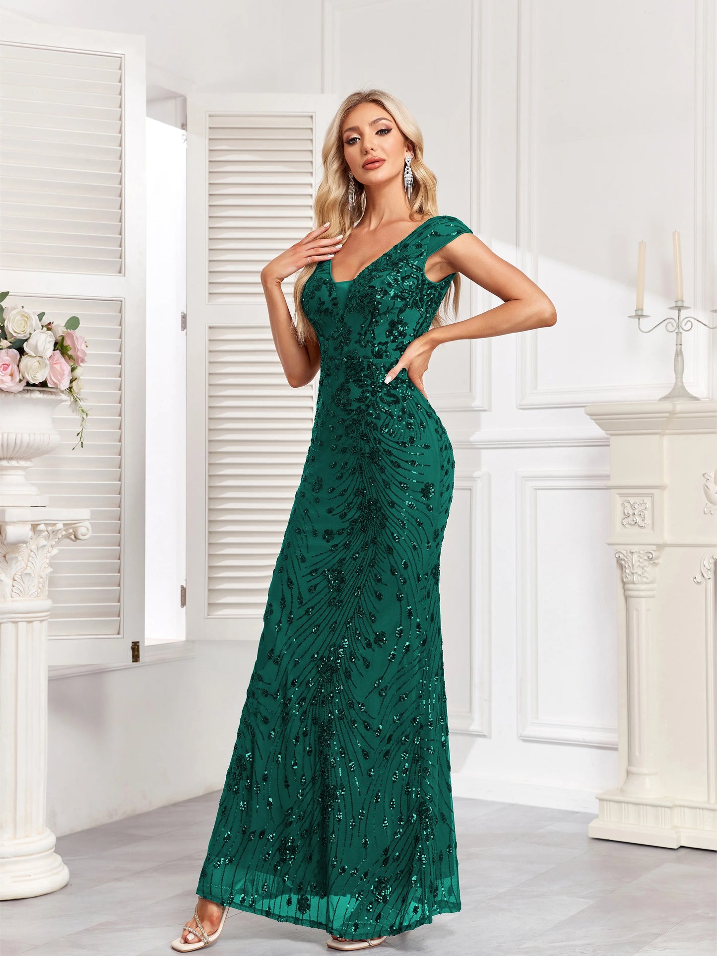 XUIBOL Elegant Champagne Sequin Evening Dress 2024 Women Long Mermaid Formal Deep V-neck Prom Luxury Wedding Party Gowns Dresses