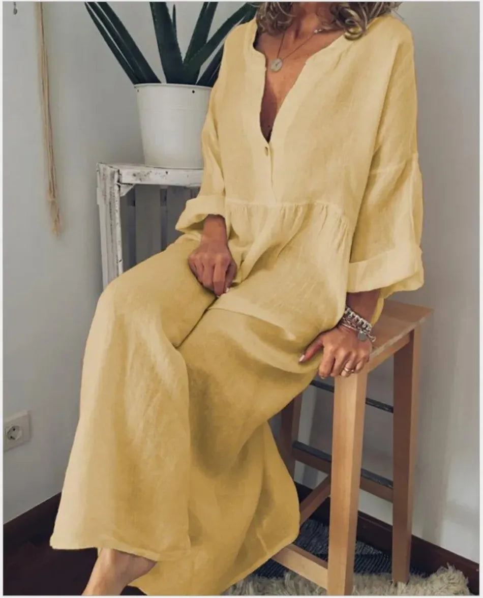 New in Spring Elegant Long Dresses for Women Long Sleeved V-neck Fashion Summer Dresses 2024 Loose Retro Female Clothing Robe