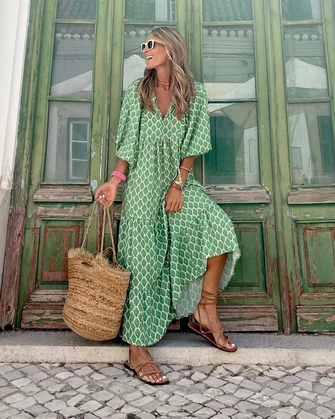 Spring Summer Loose Maxi Dresses Bohemian Floral Print Puff Sleeve V-Neck 2025 New Beach Dress Bodycon Casual Boho Vestidos Robe