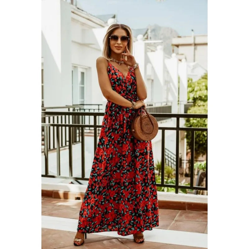 Spring Summer Elegant Women Corset Bohemian Dress Sexy New 2024 Fashion Strap V Neck High Waist Print Long Vacation Dress