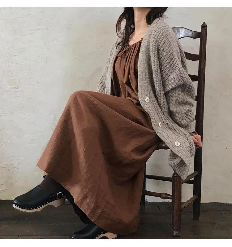 2025 New Spring Cotton Linen Dress for Women Solid Long Sleeve Drawstring Office Lady Elegant Maxi Dress