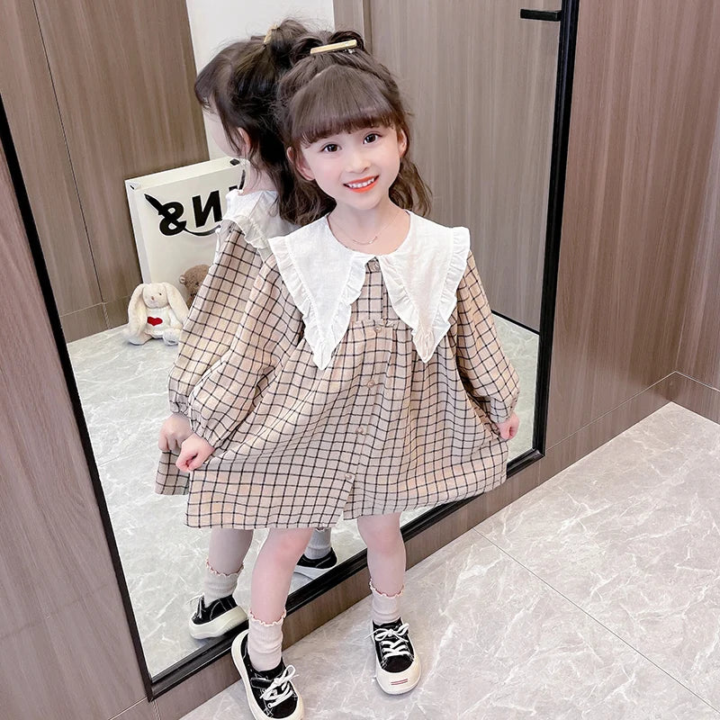 Autumn/Winter Girls' Dress Lapel Lace Lace Pleated Plaid/Solid Color Puffy Sleeve Garden Cotton And Linen Dress (Girls 0-3 Years