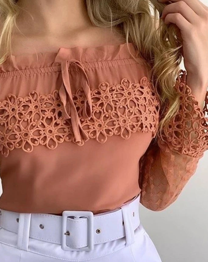 Elegant Women's blouses Fashion 2024 Lace Spliced Off Shoulder Guipure Lace Long Sleeve Tassel Drawstring Top
