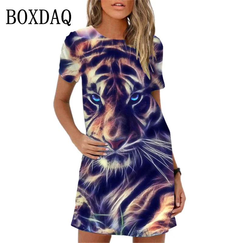 2024 New Spring Women Dresses Fashion Tiger Pattern Printing Short Sleeve Dress Summer Casual Oversized A-Line Mini Dress Womans