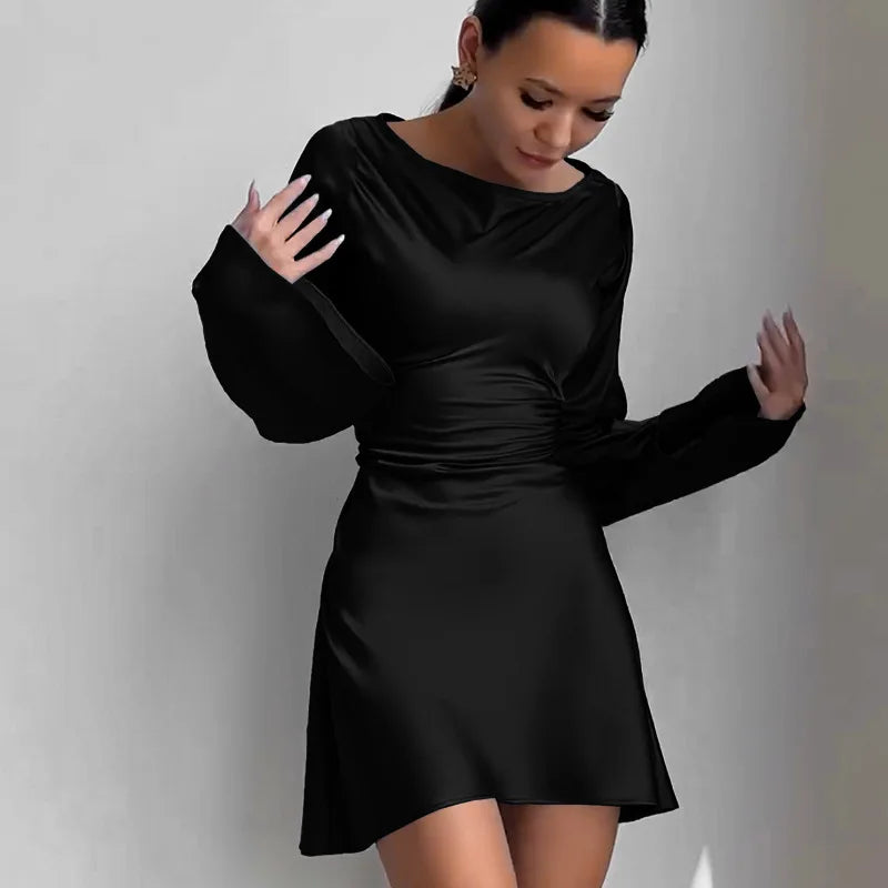 Satin Dress for Women Fashion Vintage Streetwear Dresses Solid Slim Long Sleeve Lace Up Mini Autumn Winter Dresses
