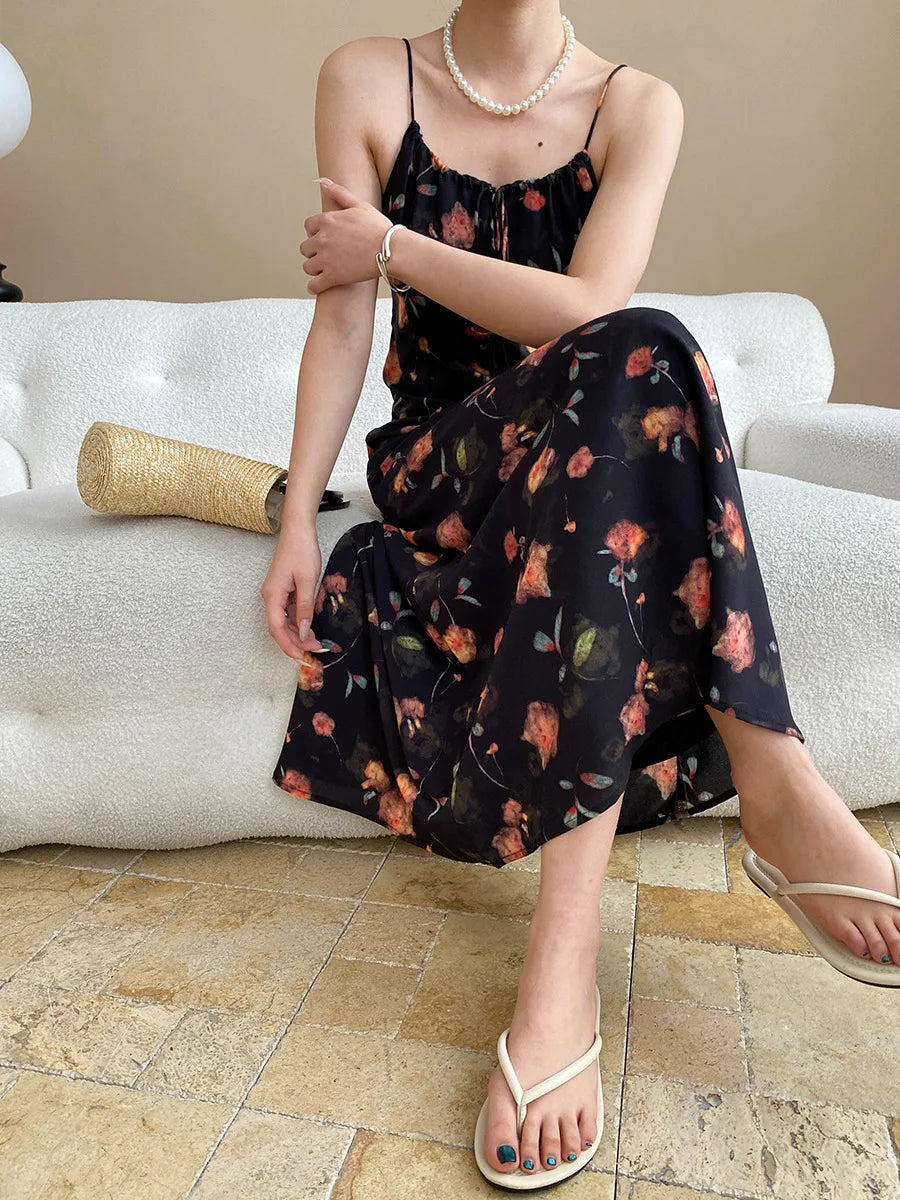 Spring and summer women's casual flower print slim fit suspender dress