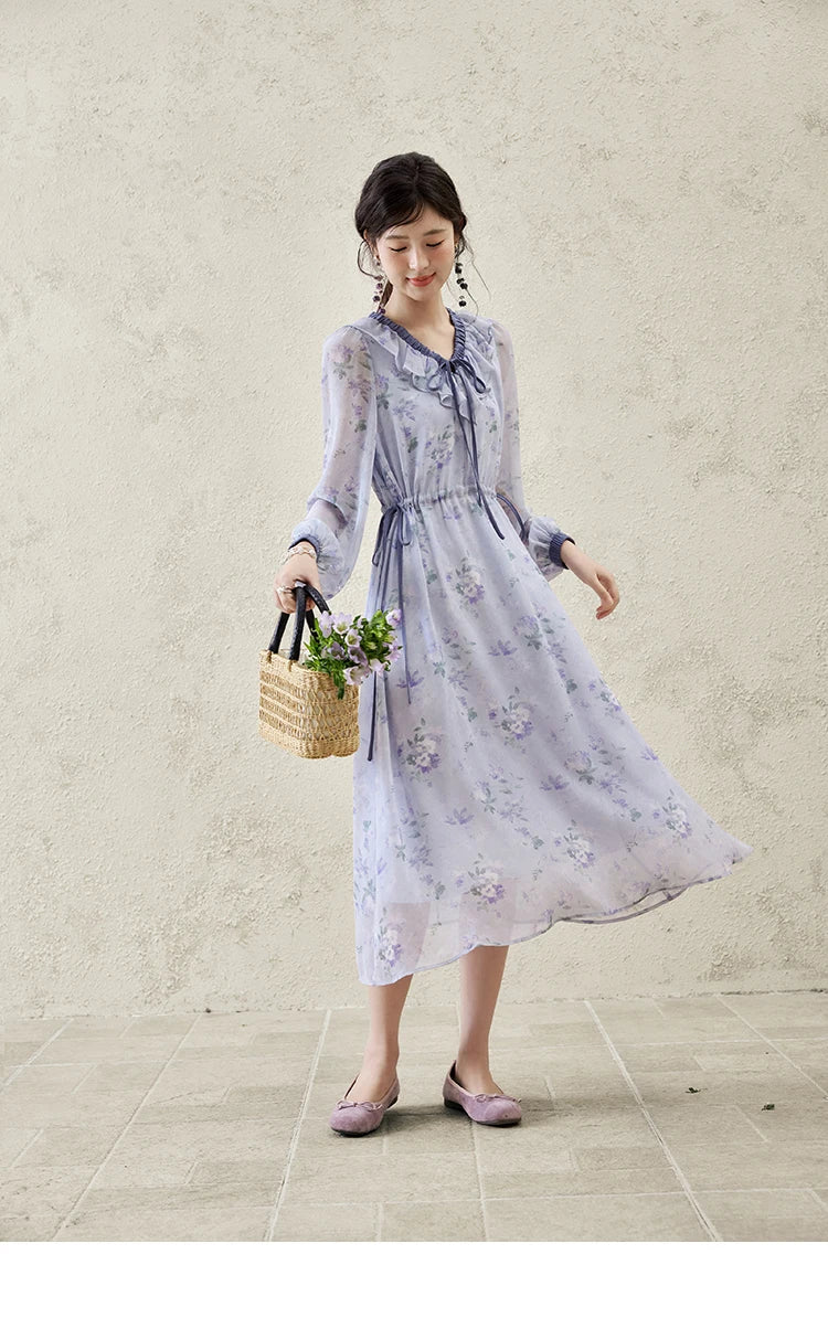 MISHOW Print Spring Summer Dress for Women New 2025 Ruffled V-neck Long Sleeve Blue French Dresses Female Fashion MXE15L2139