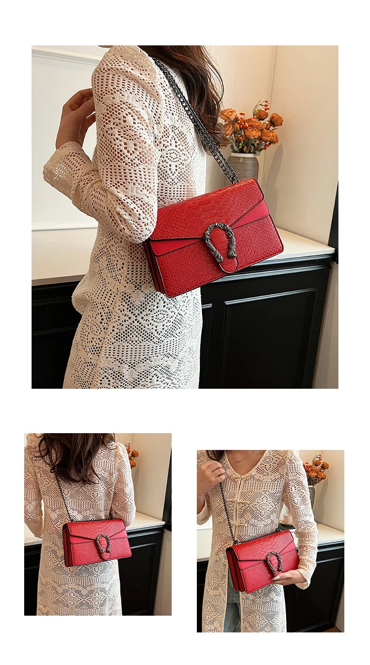 Retro Style Fashion Chain Shoulder Bag for Women Snake Pattern Crossbody Small Square Bag Trendy Accessory