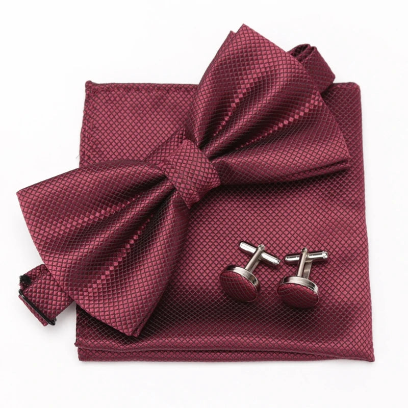 Multicolor Bowtie Pocket Square Cufflinks Sets Classic Solid Color Bowtie Wedding Party Formal Gift Plaids Adjust Neck Bow Tie