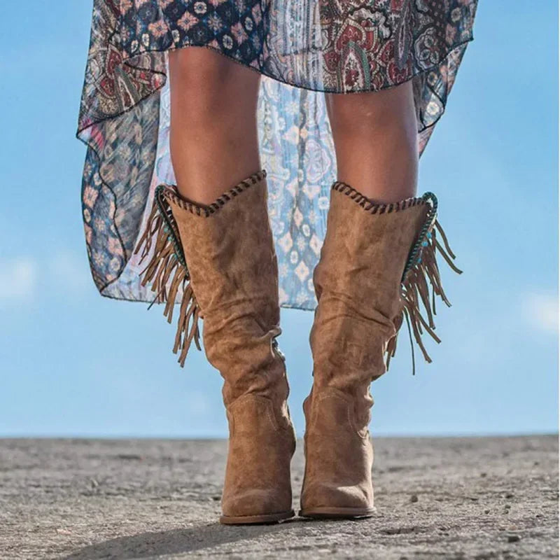 Women High Boots Trend Retro Metal Buckle Pointed Toe Thick Heel Tassle Western Cowboy Boots Female Shoes Botas De Mujer 2024