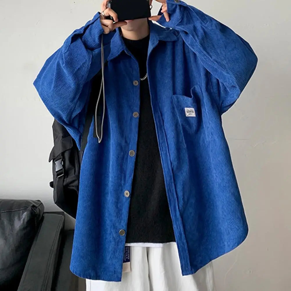 Spring Shirt Single-breasted Placket Casual Warm Corduroy Patch Pocket Men Tops Men Tops for Work