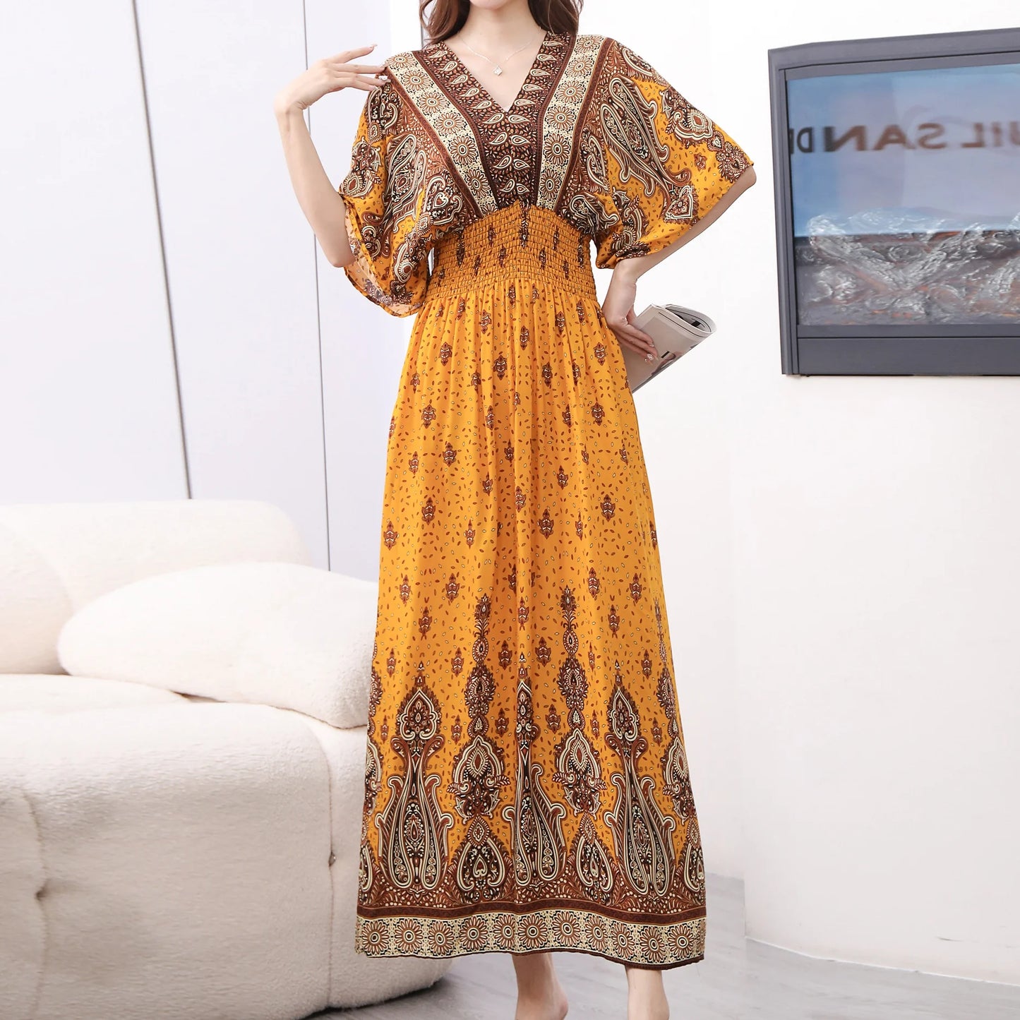 Spring New In Women's Dress V-Neck Short Sleeve Dress Elegant Sweet Print Dress Casual Retro Boho Elastic Waist A-Line Dress