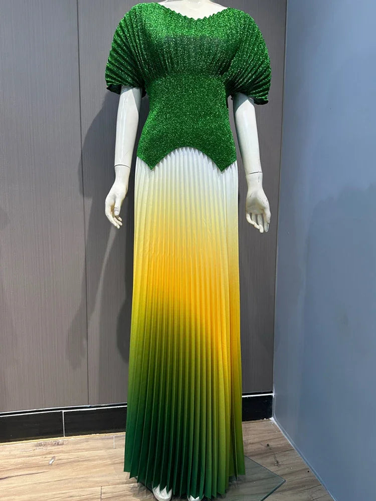 ANLAN Pleated 2 Pieces Set Women Fashion V Neck Short Batwing Sleeves Irregular Hem T-shirt&New Gradient A-line Folds Long Skirt