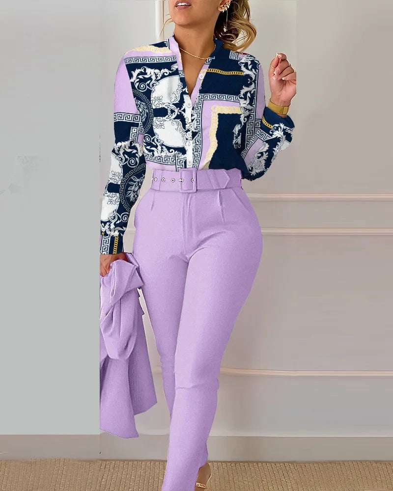 Women's Elegant Autumn/Winter Printed V-Neck Long Sleeve Button Shirt Top Fashion Solid Color Long Pants 2 Piece Set With Belt