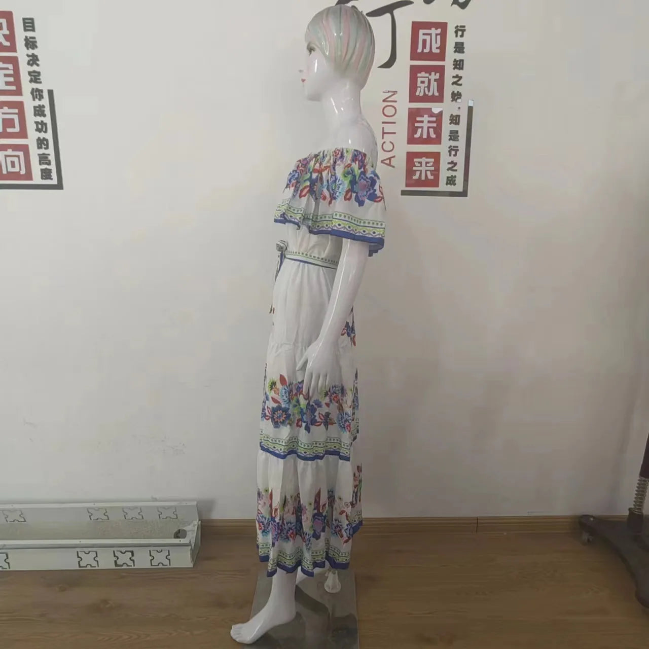 2024 Spring Summer Women's New Sexy One Shoulder Off Shoulder Fashion Red Flower Printed Lace Up Waist Long Swing Dress