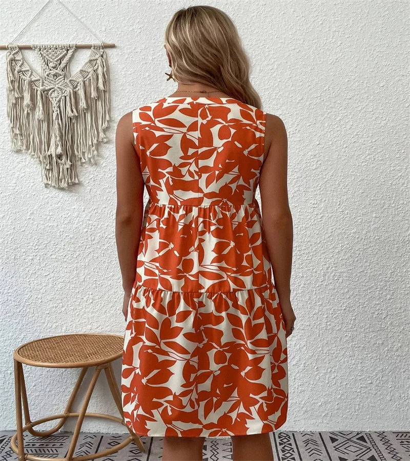 Spring and summer 2024 European and n Ladies Elegant Dress Bohemian fashion loose V-neck ruffle print dress