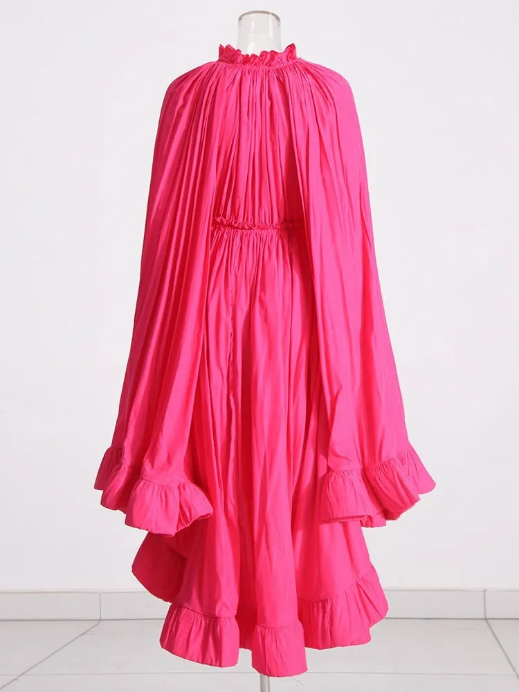TWOTWINSTYLE Elegant Solid Dresses For Women V Neck Cloak Sleeves High Waist Spliced Lace Up Ruffles Pleated Dress Female Summer