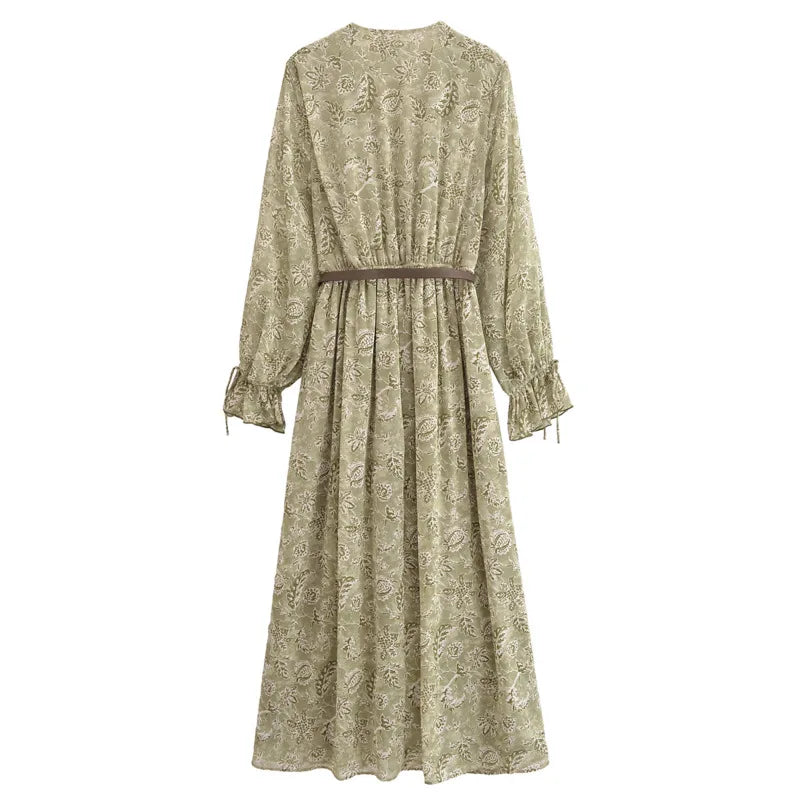 2025 New Spring Womens Dress Flower Printed Long Dresses For Women Long Sleeve Belt Midi Dress Ladies Elegant Party Dresses