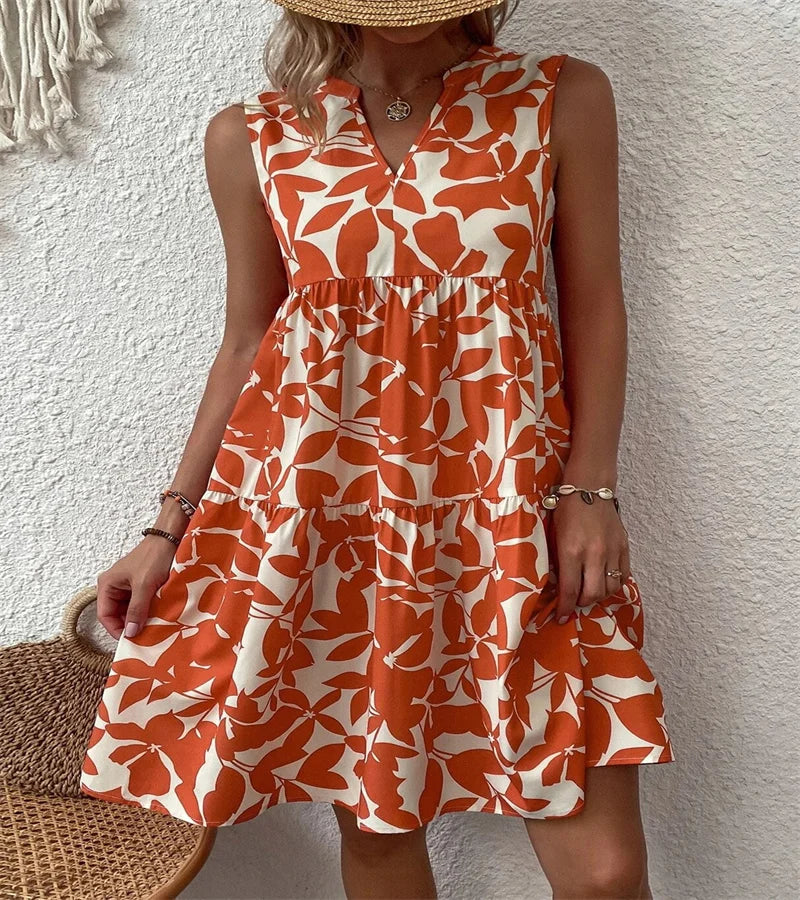 Spring and summer 2024 European and n Ladies Elegant Dress Bohemian fashion loose V-neck ruffle print dress