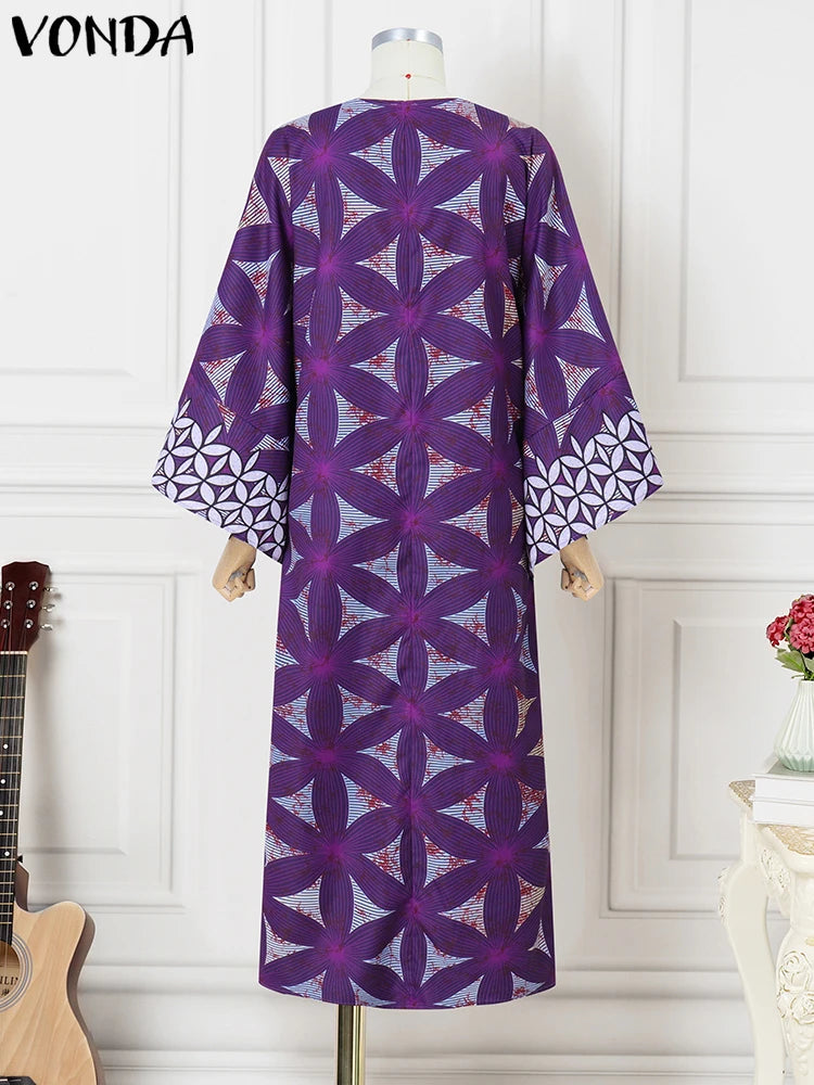 Plus Size 5XL VONDA Women Bohemian Printing Maxi Dress 2025 Vintage Sundress Casual 3/4 Sleeve Party Robe Loose O-Neck Vestidos