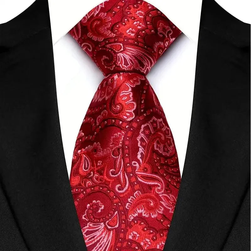 Luxury 8CM Mens Necktie Red Color Solid Stripes Paisley Ties For Man Groom Jacquard Woven Neck Tie For Business Wedding Party