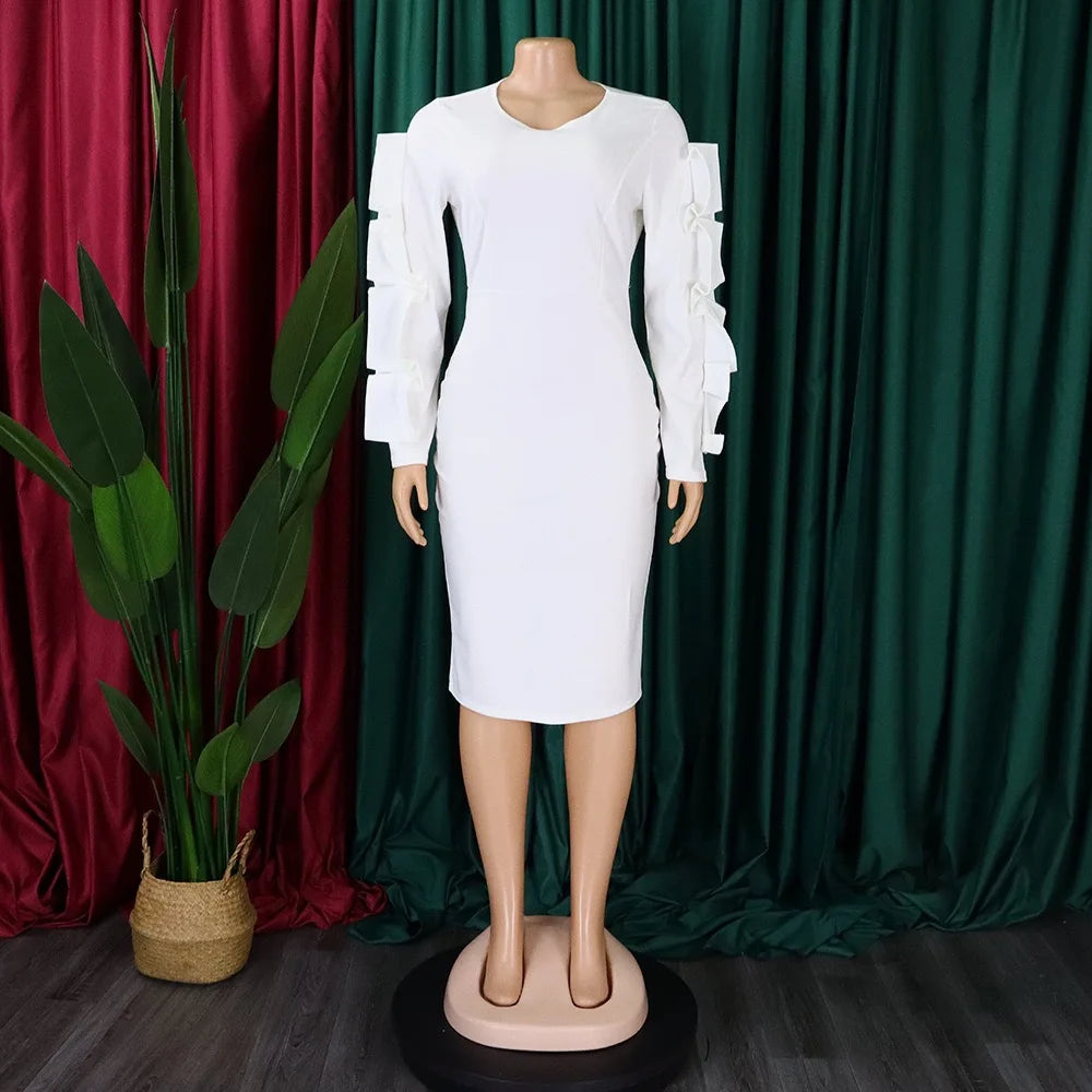 Elegant Office Dresses for Woman 2024 New O Neck Petal Sleeve Sheath Package Hips Mid Calf Formal Business Work Wear Dress Midi