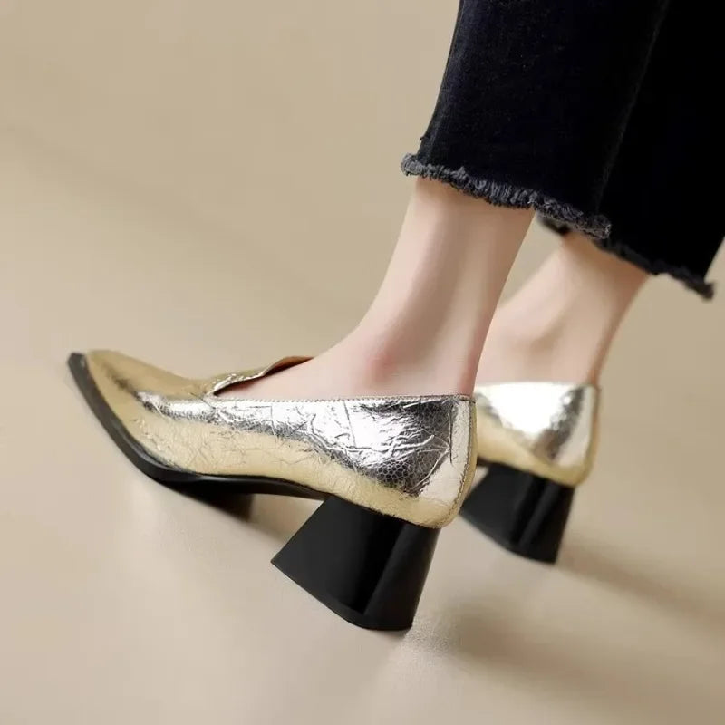 2025 Sapatos Femininas Women Light Weight European Stylish Elegant Black Square Heel Shoes Lady Casual Office Party Shoes
