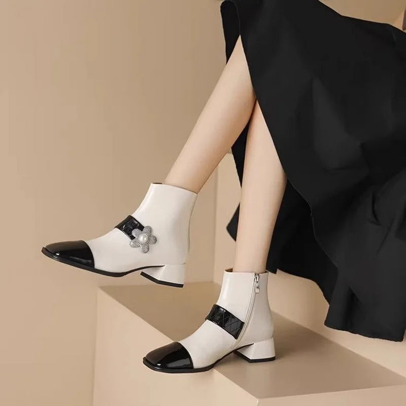 FHC Mixed Colors Ankle Boots,Women's Short Botas,Autumn/Winter Shoes Booties,Square Toe,Pearls,Side Zip,Black,White,Dropship