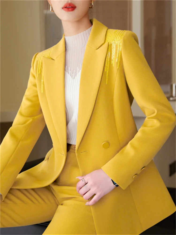 Yitimuceng Solid Office Wear Women 2 Piece Sets 2025 New Fashion Sequins Long Sleeve Blazers Chic High Waist Flare Pants Suits